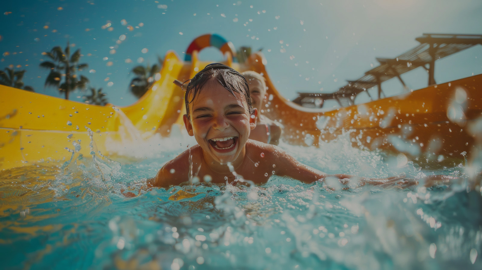 A boy and girl are playing in a pool at a water park